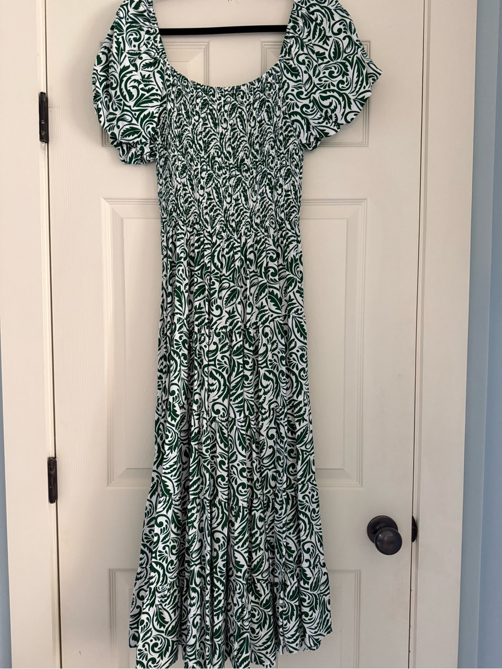 Green & White Smocked Puff-Sleeve Maxi Dress